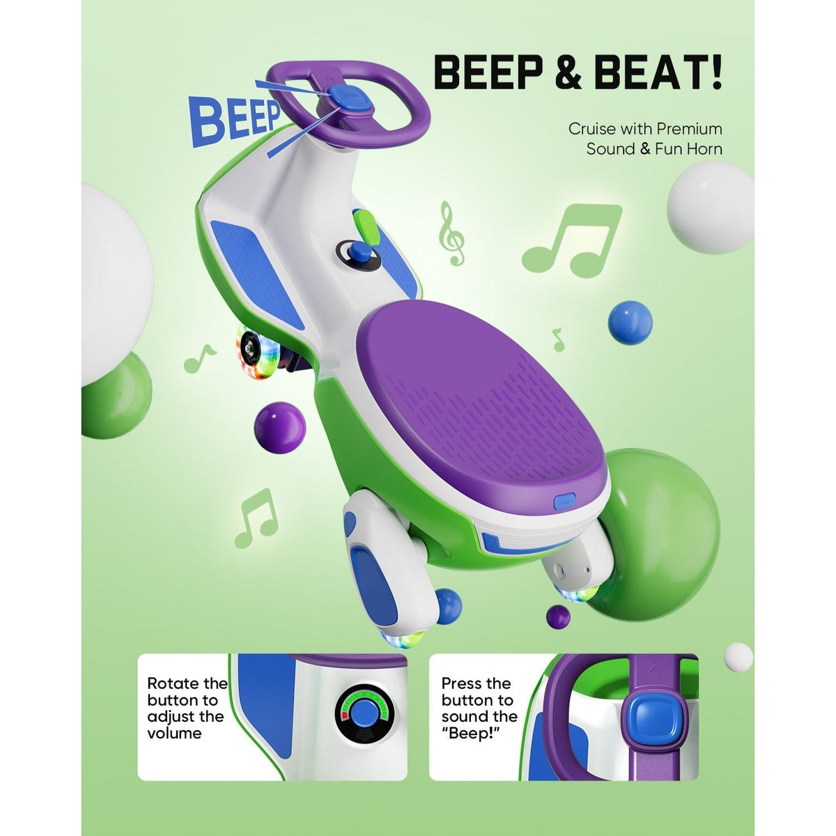 FanttikRide N10 Pro electric wiggle car with purple steering wheel, RGB wheels and sound horn