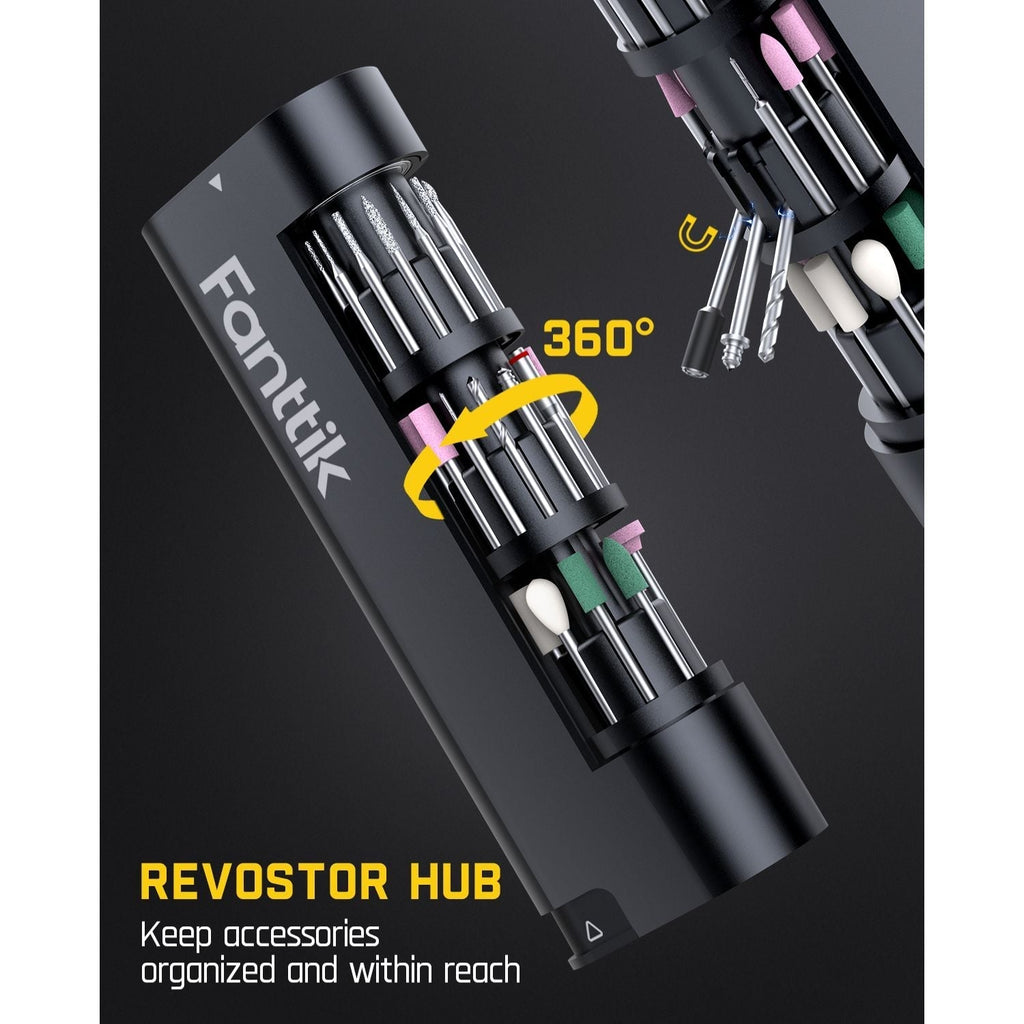 Fanttik F2 PRO rotary tool kit with 360° rotating RevoStor Hub accessory holder.