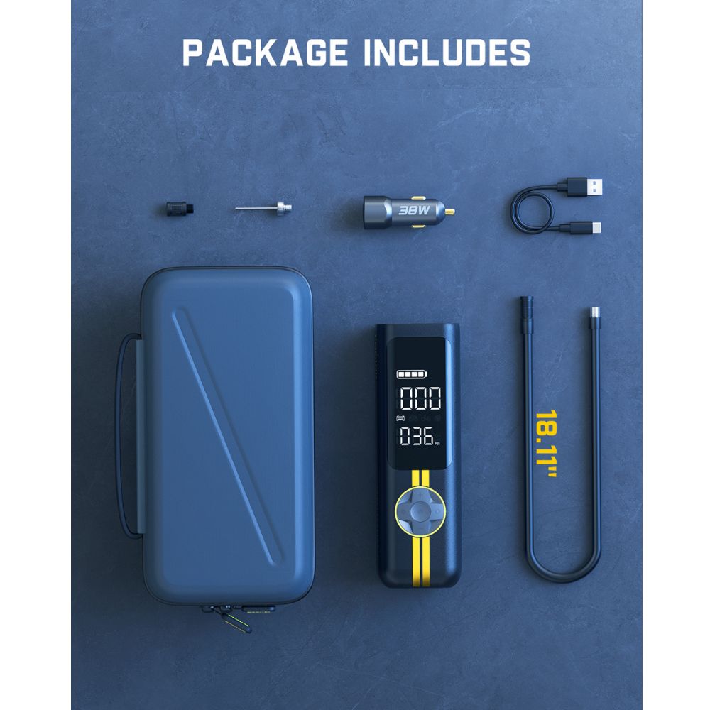 Fanttik X8 APEX tire inflator deluxe package contents: carrying case, digital inflator, hose, nozzles, and cables.