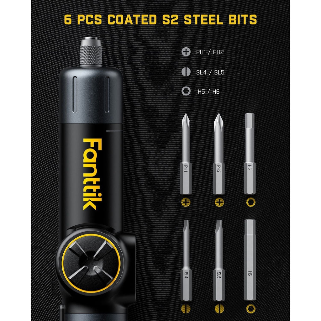 Fanttik Fold S1 APEX cordless screwdriver with 6 coated S2 steel bits: PH1, PH2, SL4, SL5, H5, H6