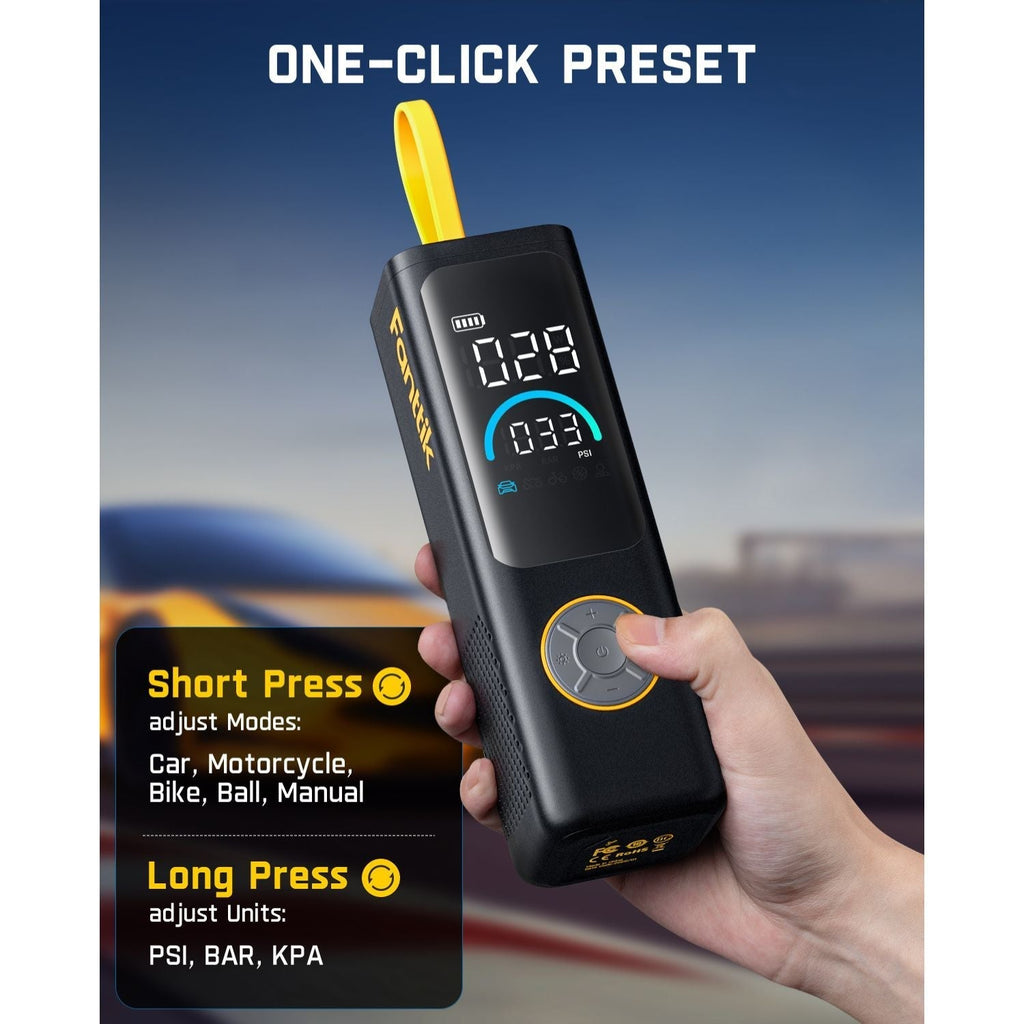 Fanttik X9 APEX Tire Inflator with display showing pressure and modes