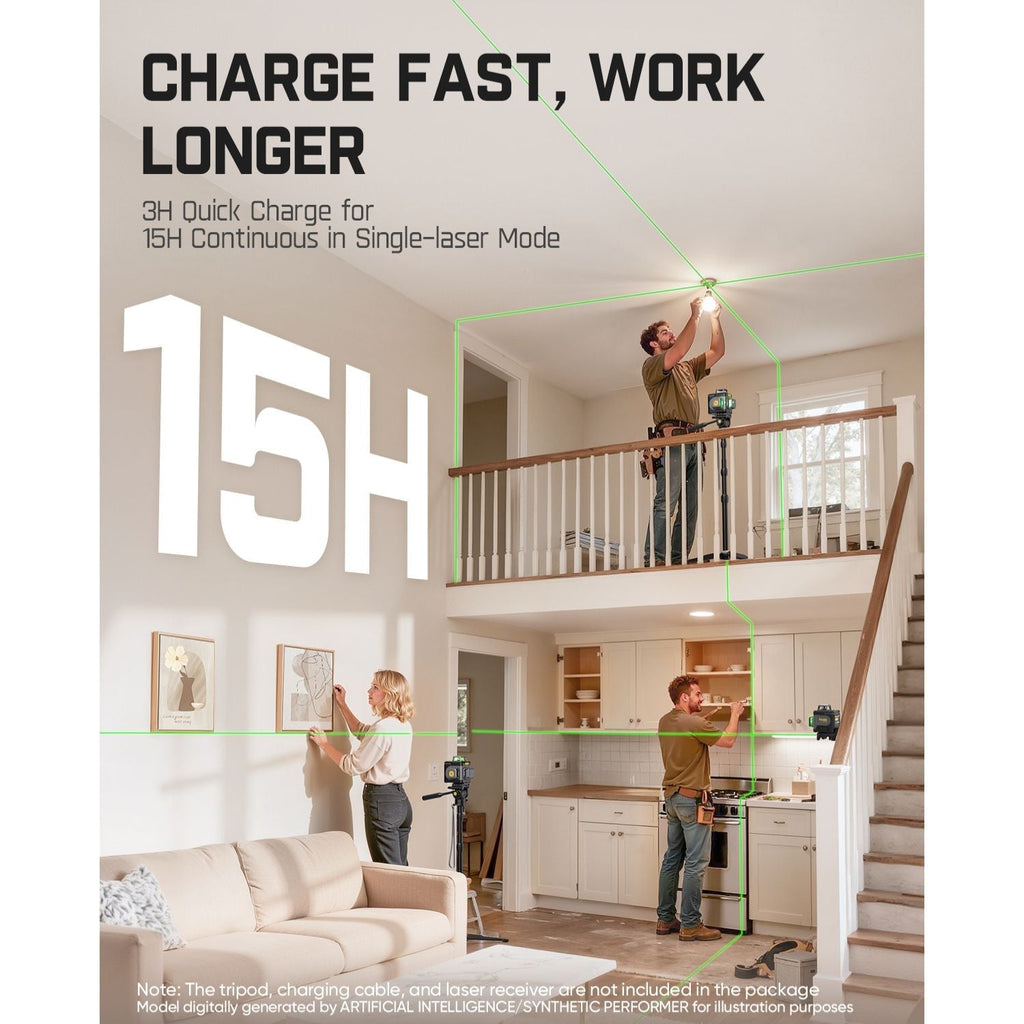 Fanttik D12 Ace laser level. Shows manual and self-leveling modes projecting green lines. Ideal for room and kitchen projects.