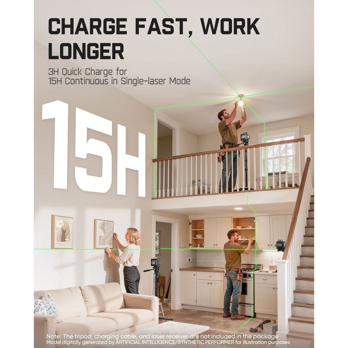 Fanttik D12 Ace laser level. Shows manual and self-leveling modes projecting green lines. Ideal for room and kitchen projects.
