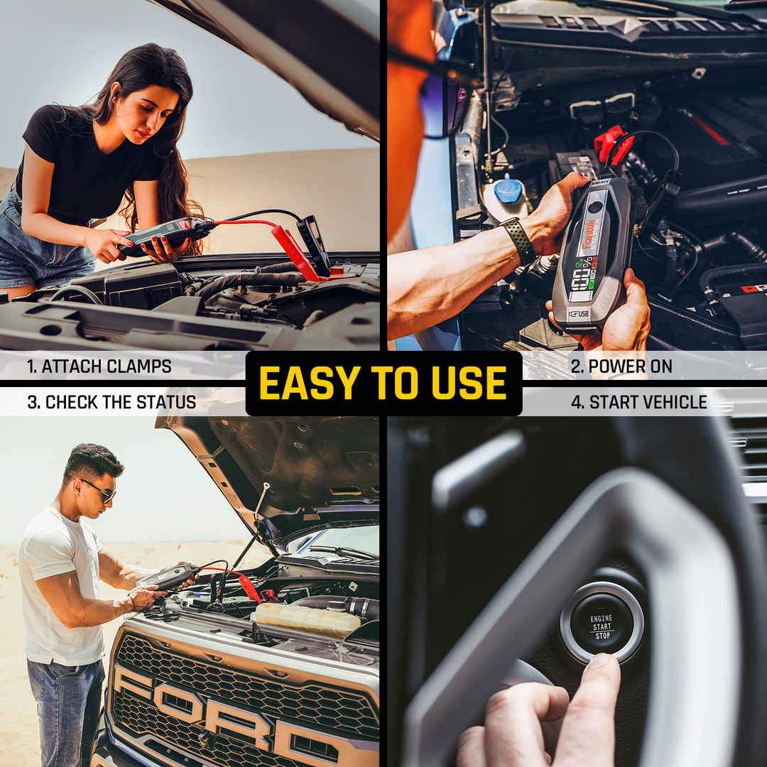 Fanttik T8 APEX jump starter shown in four steps: attach clamps, power on, check status, start vehicle.