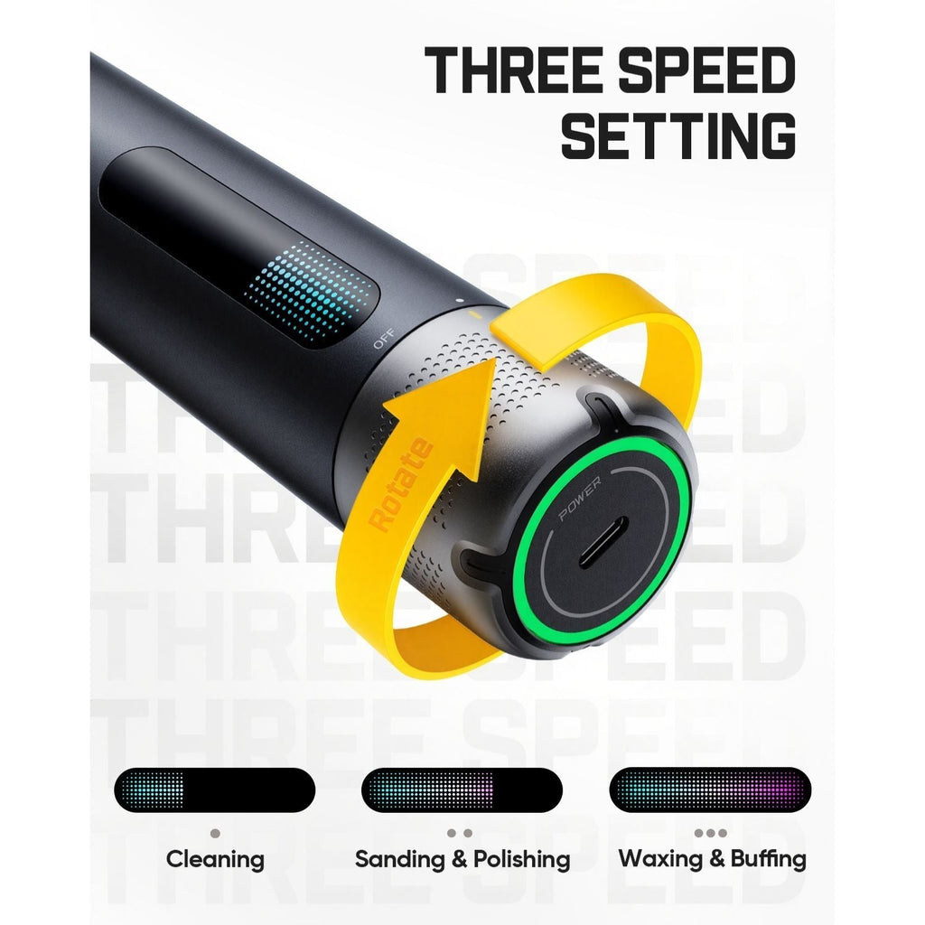 Electric polisher with three speed settings labeled on a white background