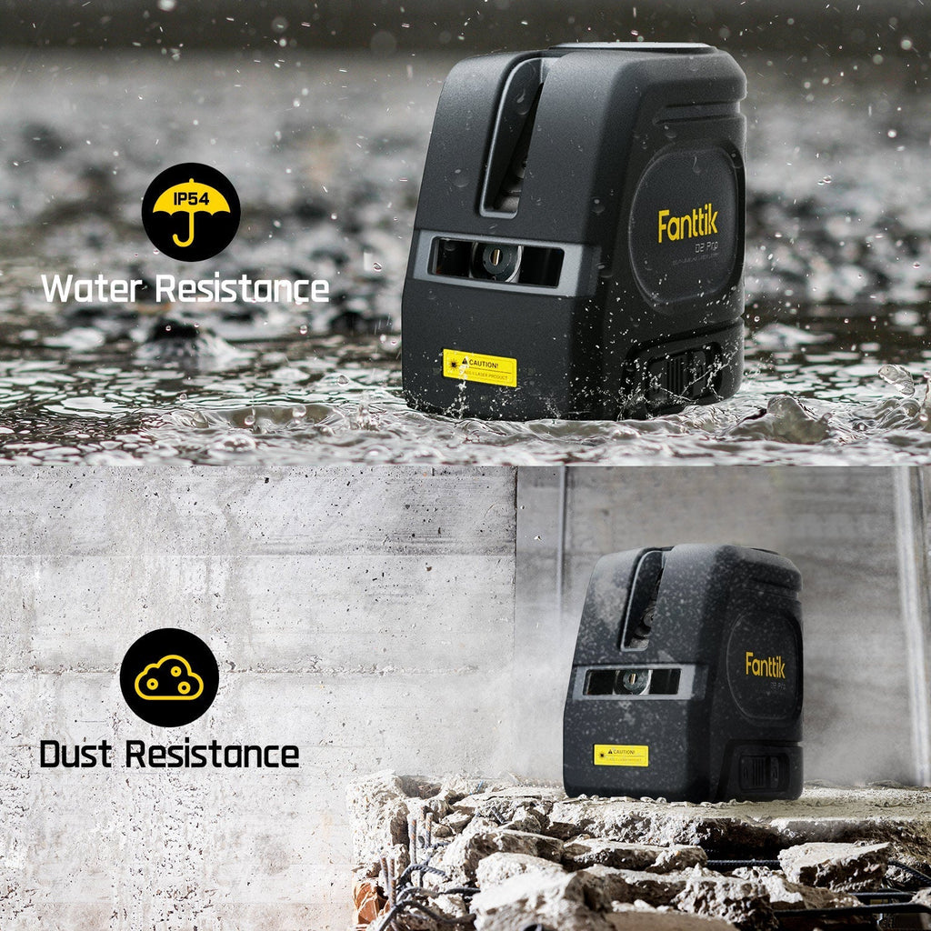 Fanttik D2 PRO laser level showing IP54 water and dust resistance features