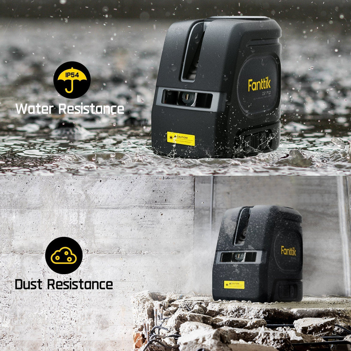 Fanttik D2 PRO laser level showing IP54 water and dust resistance features
