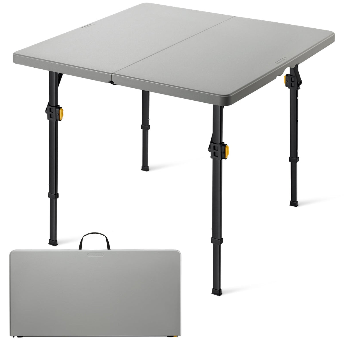 FanttikOutdoor Zeta S4 Pro 34" square gray folding table with adjustable legs, shown unfolded and folded for storage.