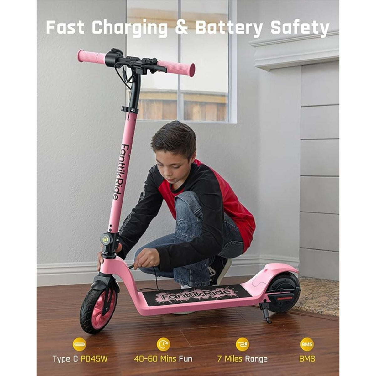 Pink FanttikRide T10 electric scooter being charged by a child, featuring Type C PD45W fast charging and 7-mile range.