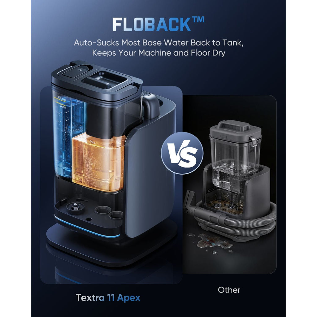 Floback device with Fanttik Textra 11 Apex Cordless Carpet and Upholstery Cleaner comparison on a dark background
