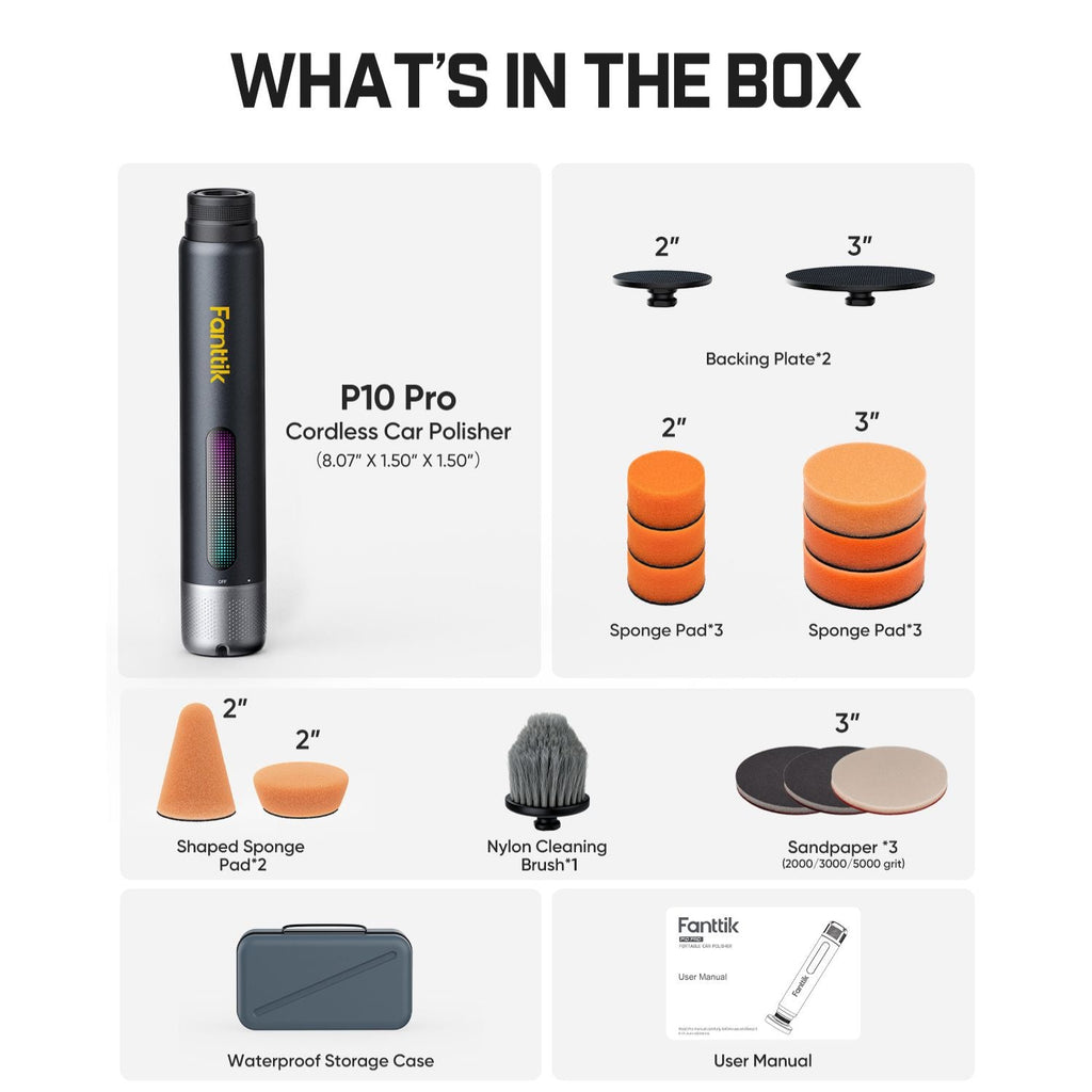 List of Fanttik P10 Pro Mini Car Buffer Polisher included in a box with a cordless car polisher and accessories.