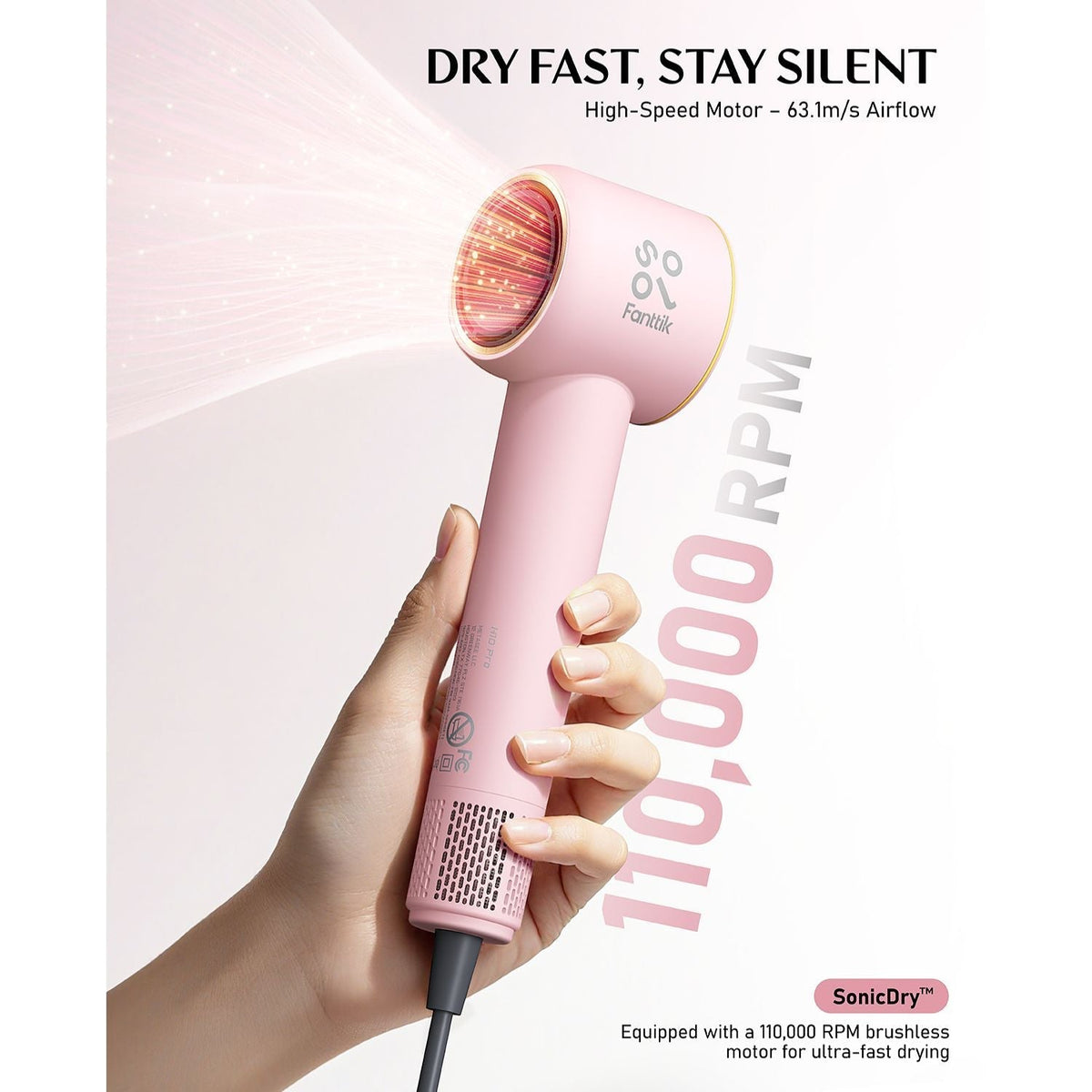 FanttikSolo SonicDry H10 PRO pink hair dryer with 110,000 RPM brushless motor for fast drying.