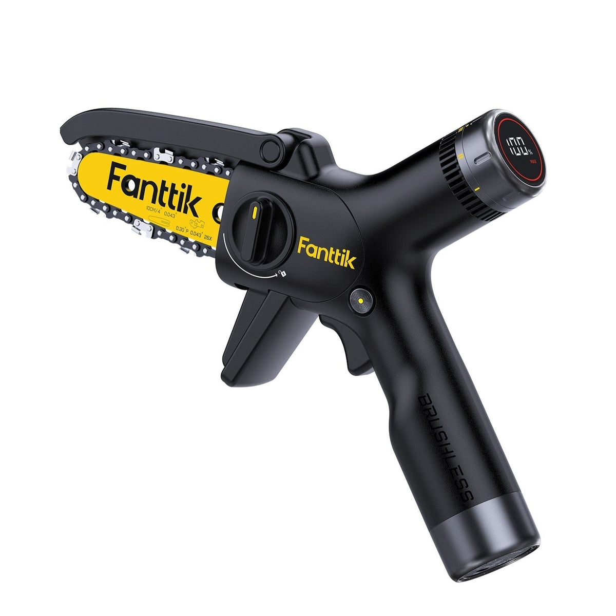 Fanttik W10 APEX mini chainsaw with yellow bar, digital display, and brushless motor.