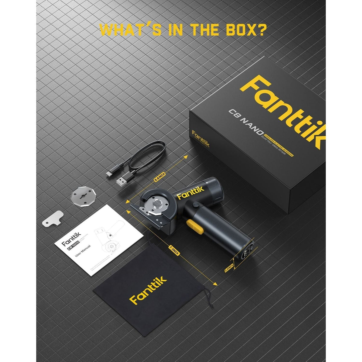 Fanttik C8 Nano cordless electric scissors, user manual, USB charging cable, storage pouch, and accessories in product box.