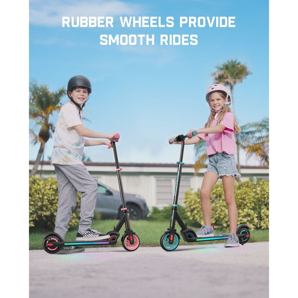 FanttikRide C9 Apex electric scooter for kids in blue, featuring rubber wheels, smooth rides, and LED lights, ridden by two children.
