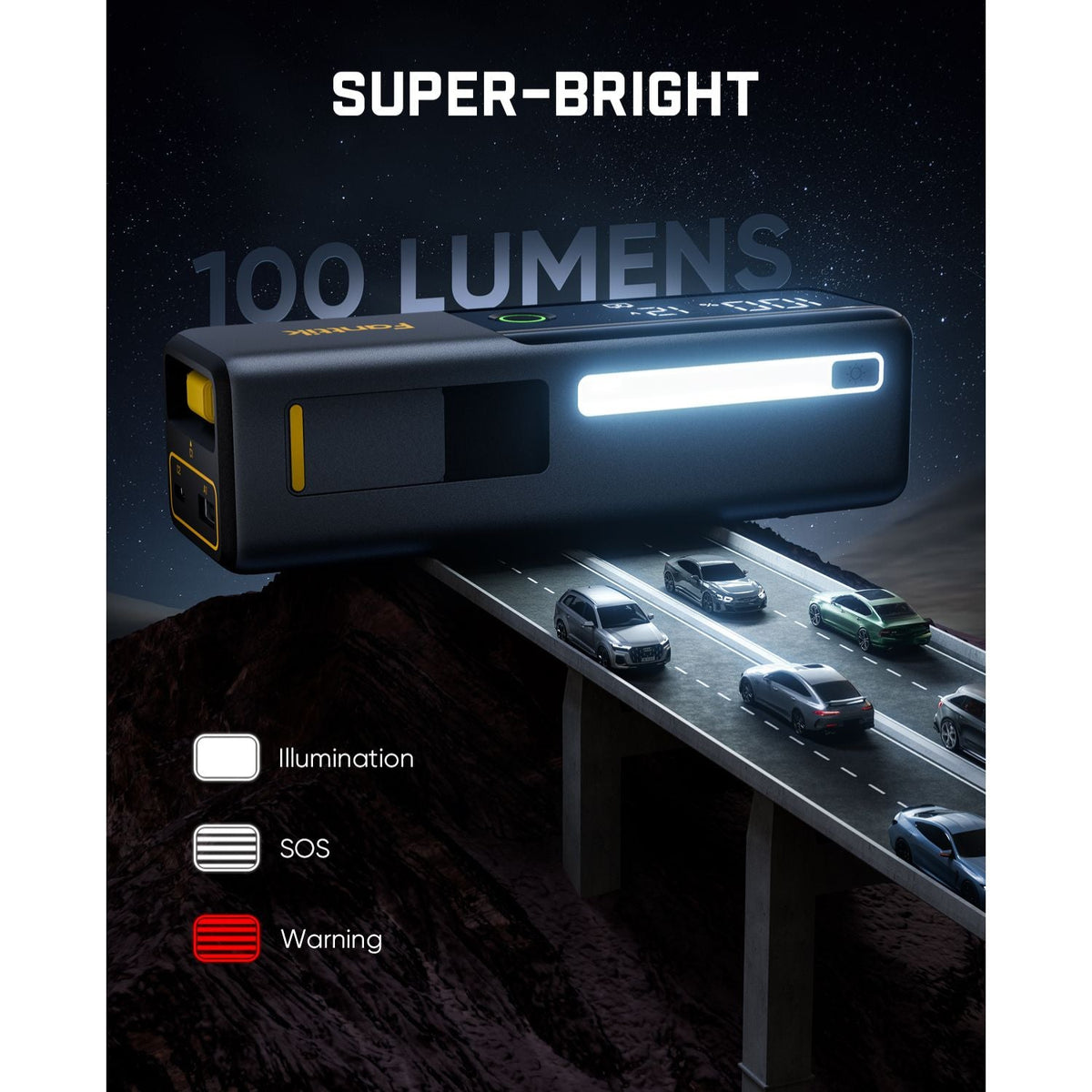 Fanttik T10 jump starter with super-bright 100-lumen LED light, illumination SOS and warning modes