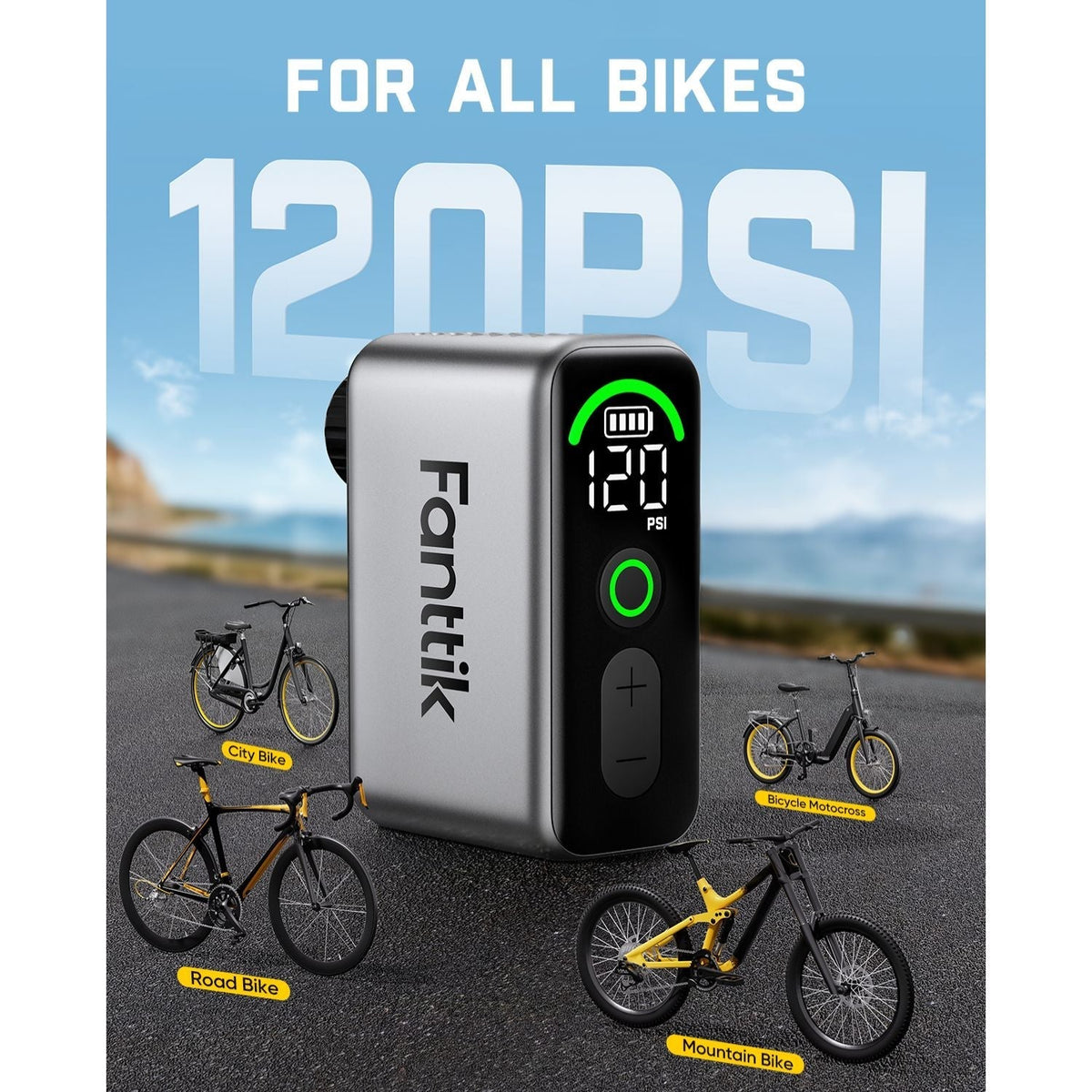 Fanttik X10 Ace tiny bike pump showing 120 PSI max pressure with city, road, mountain, and motocross bikes.