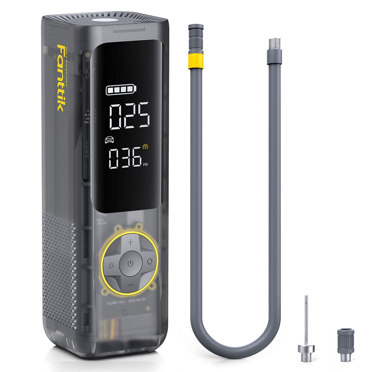Fanttik X8 APEX tire inflator, mechanical gray, digital display showing tire pressure, with hose and accessories.