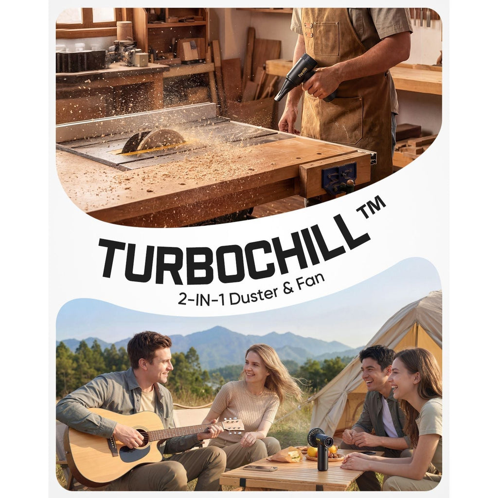 Turbochill 2-in-1 duster & fan product with a person using it and people camping outdoors.