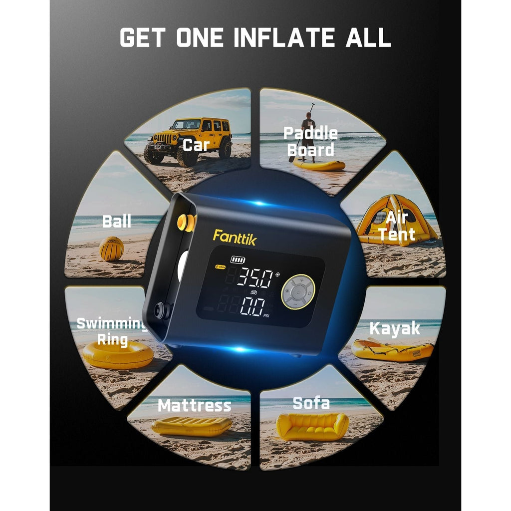 Fanttik X9 Cross™ air pump inflates paddle boards, cars, tents, kayaks, sofas, mattresses, swimming rings, and balls.