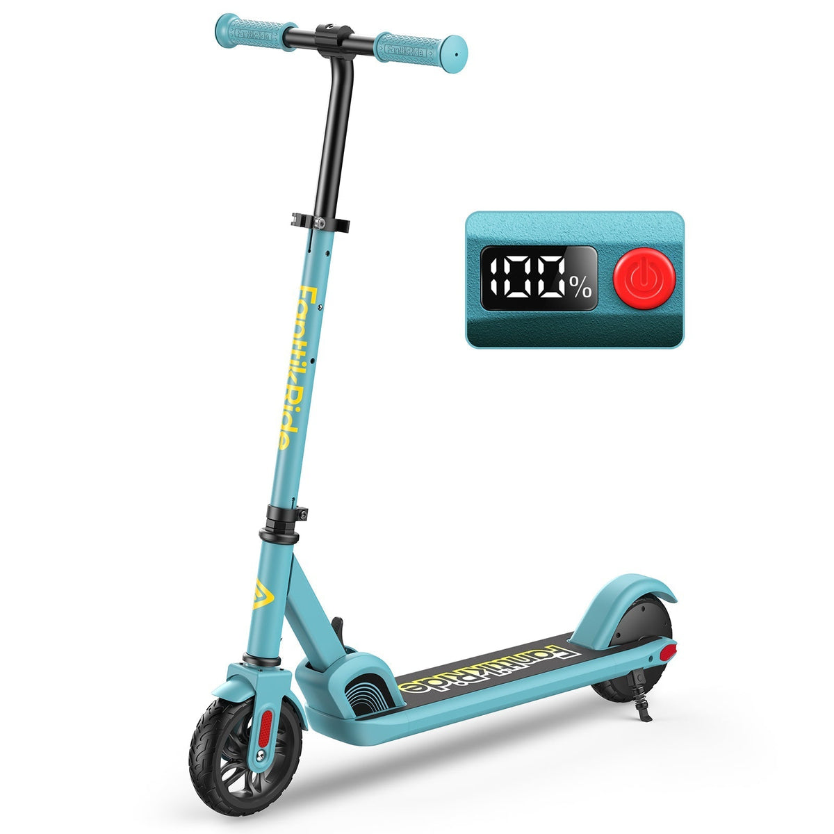 Blue FanttikRide C9 electric scooter for kids with 100% battery display