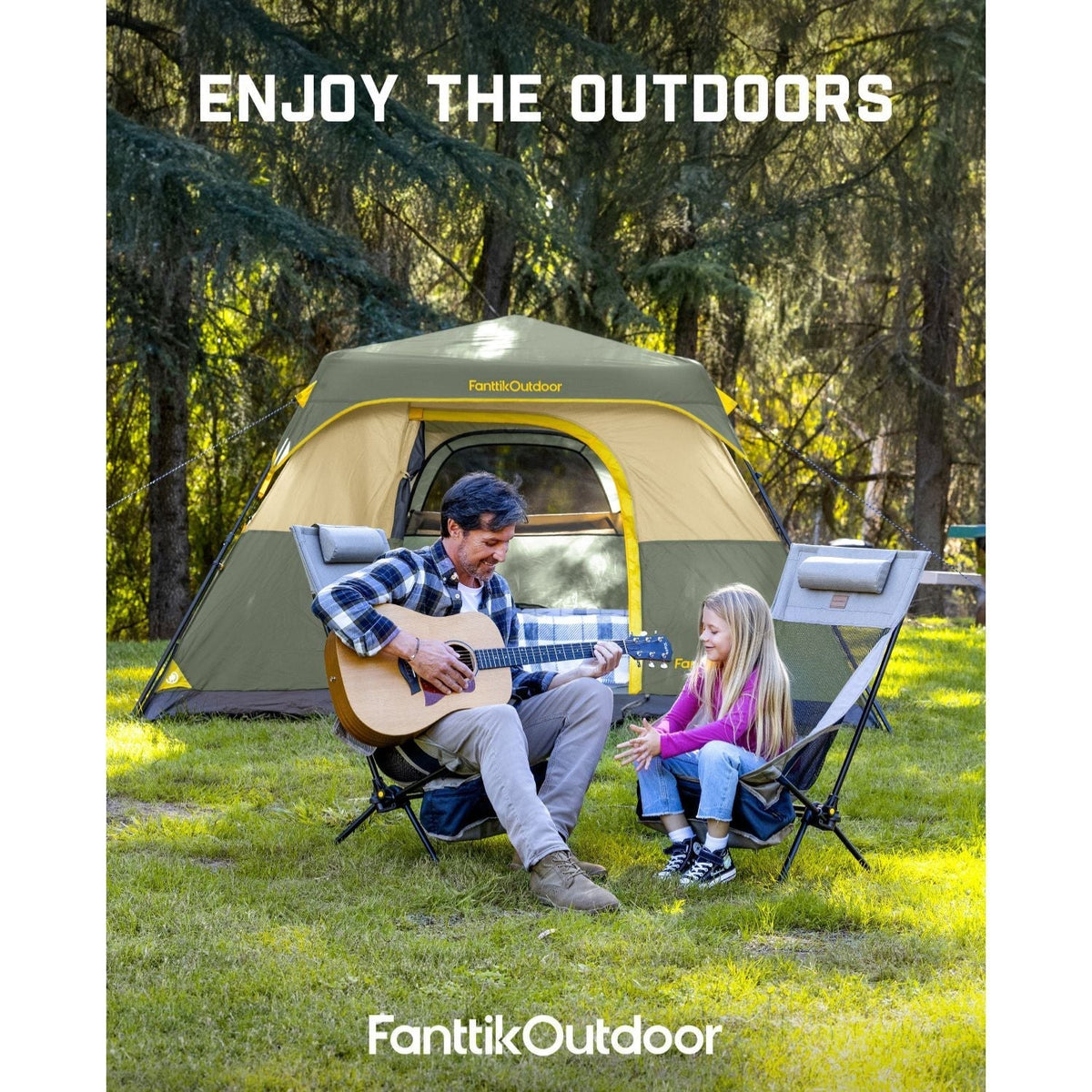 Man plays guitar for daughter near FanttikOutdoor Zeta C4 Pro tent, enjoying the outdoors