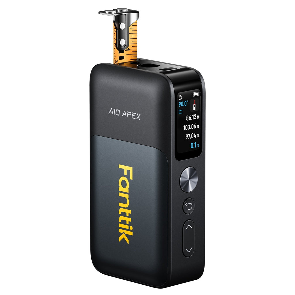 Fanttik A10 Apex 3-in-1 laser distance meter with digital tape measure and color display showing measurements.
