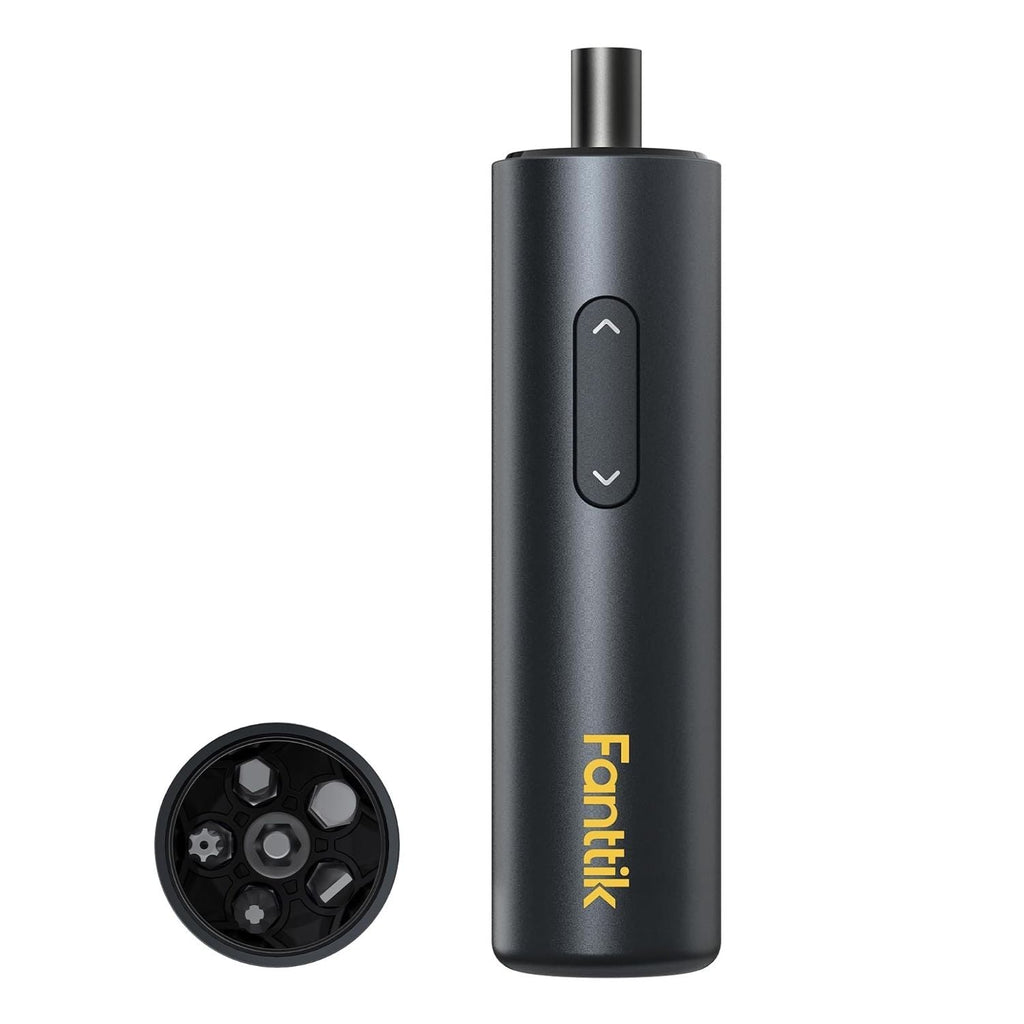 Fanttik S1 Capsule cordless screwdriver in gray with magnetic bit storage cap showing various screwdriver bits.