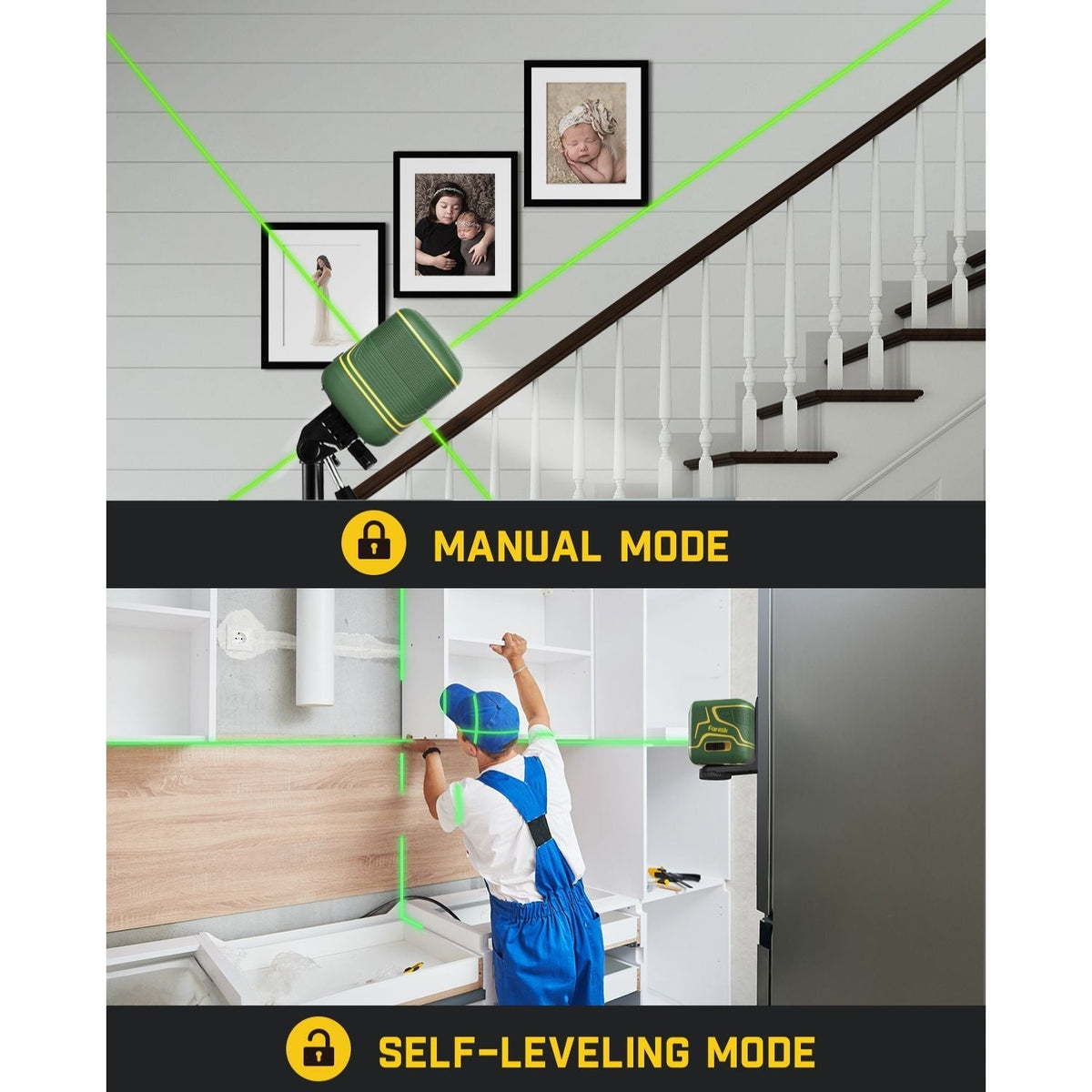Fanttik D2 laser level: Manual vs. Self-Leveling modes with green laser lines for accurate DIY and construction projects.