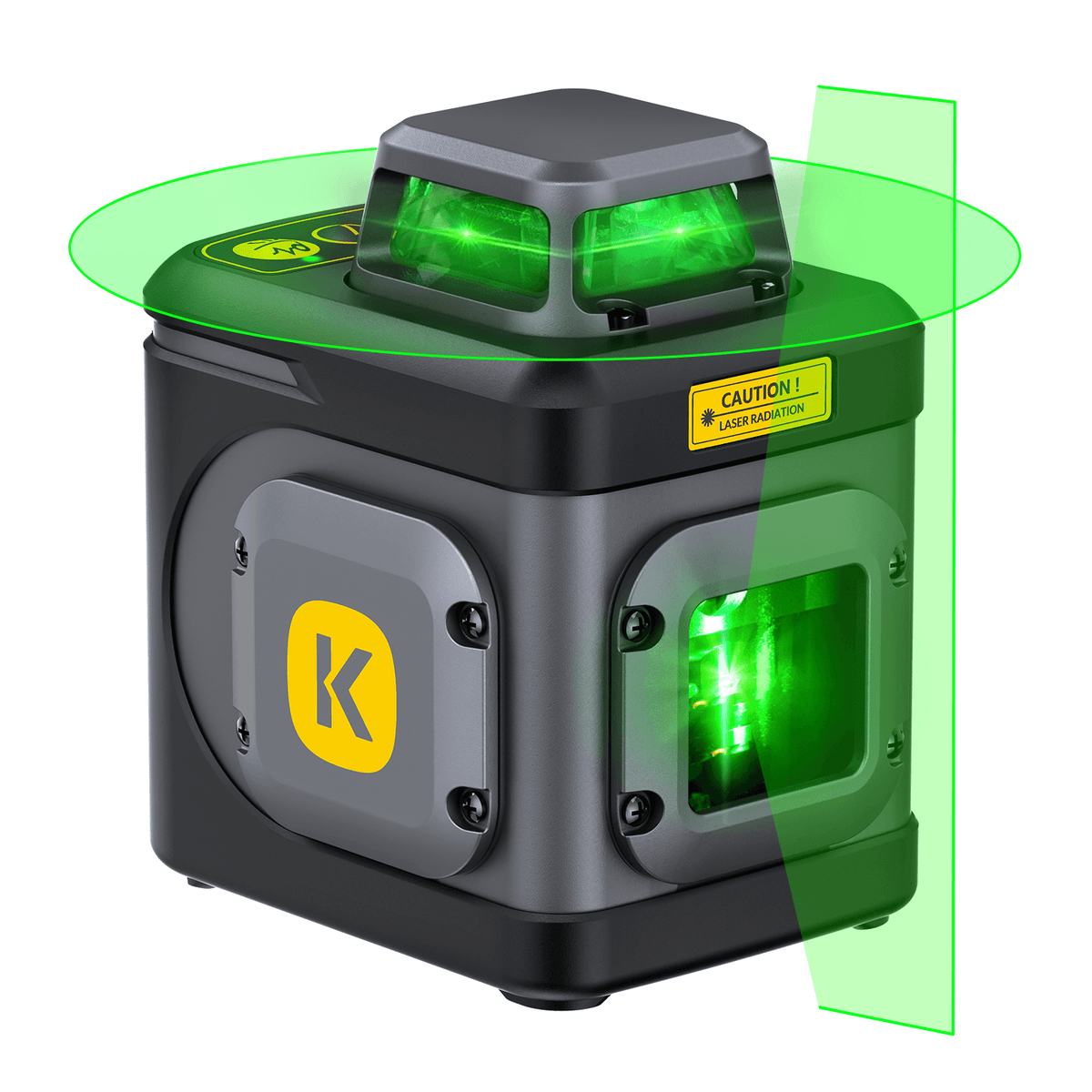 Fanttik D5 laser level with green horizontal and vertical lines, featuring a caution sticker and K logo.