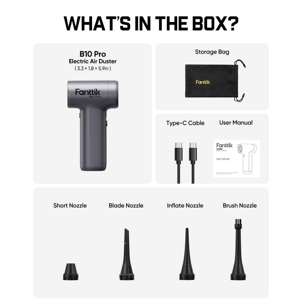 Fanttik B10 Pro electric air duster with storage bag, Type-C cable, user manual and four nozzles