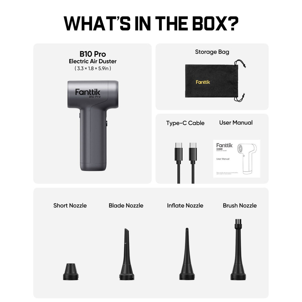 Fanttik B10 Pro electric air duster with storage bag, Type-C cable, user manual and four nozzles