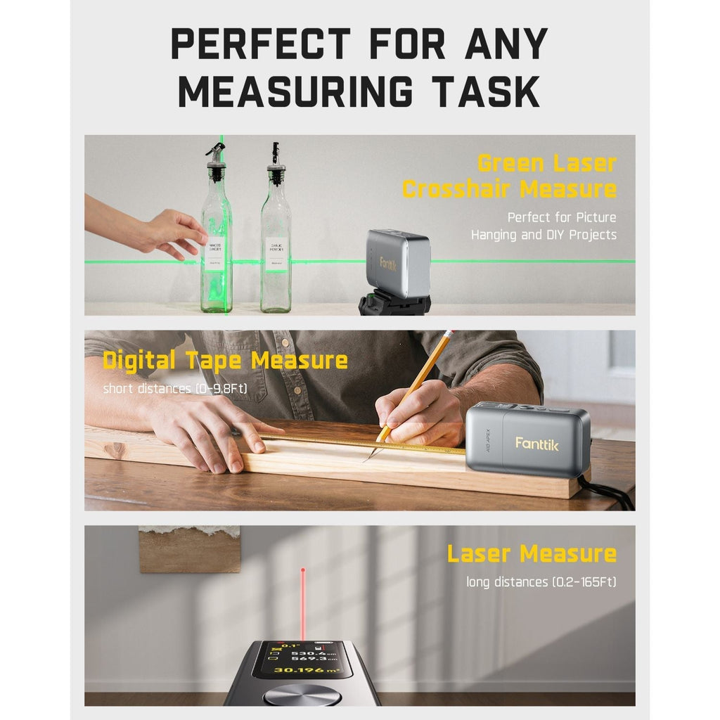 Fanttik A10 Apex 3-in-1 laser distance meter for green cross-line, digital tape, and long-range laser measuring