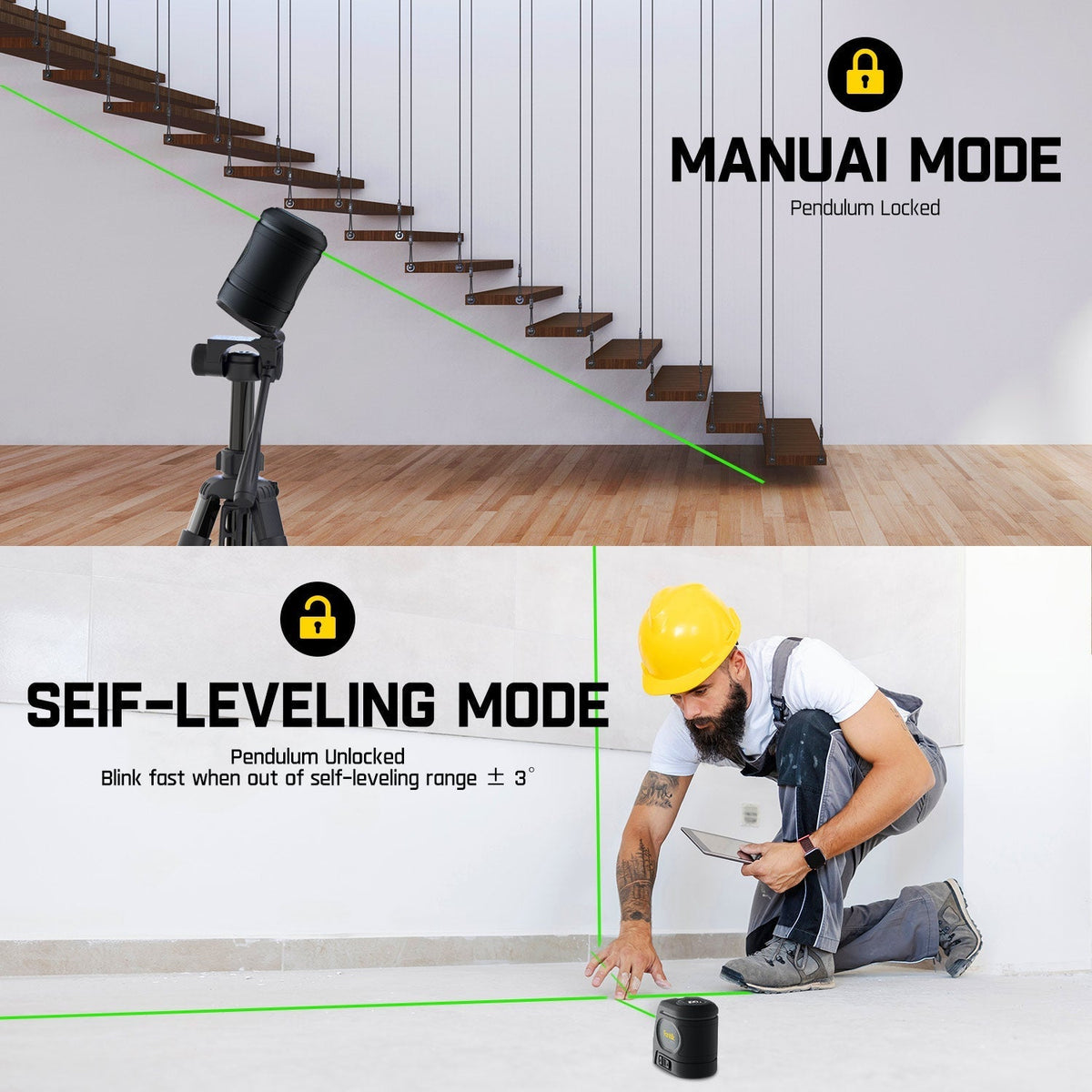 Fanttik D2 PRO cross line laser level in manual and self-leveling modes, showing green laser lines on stairs and floor