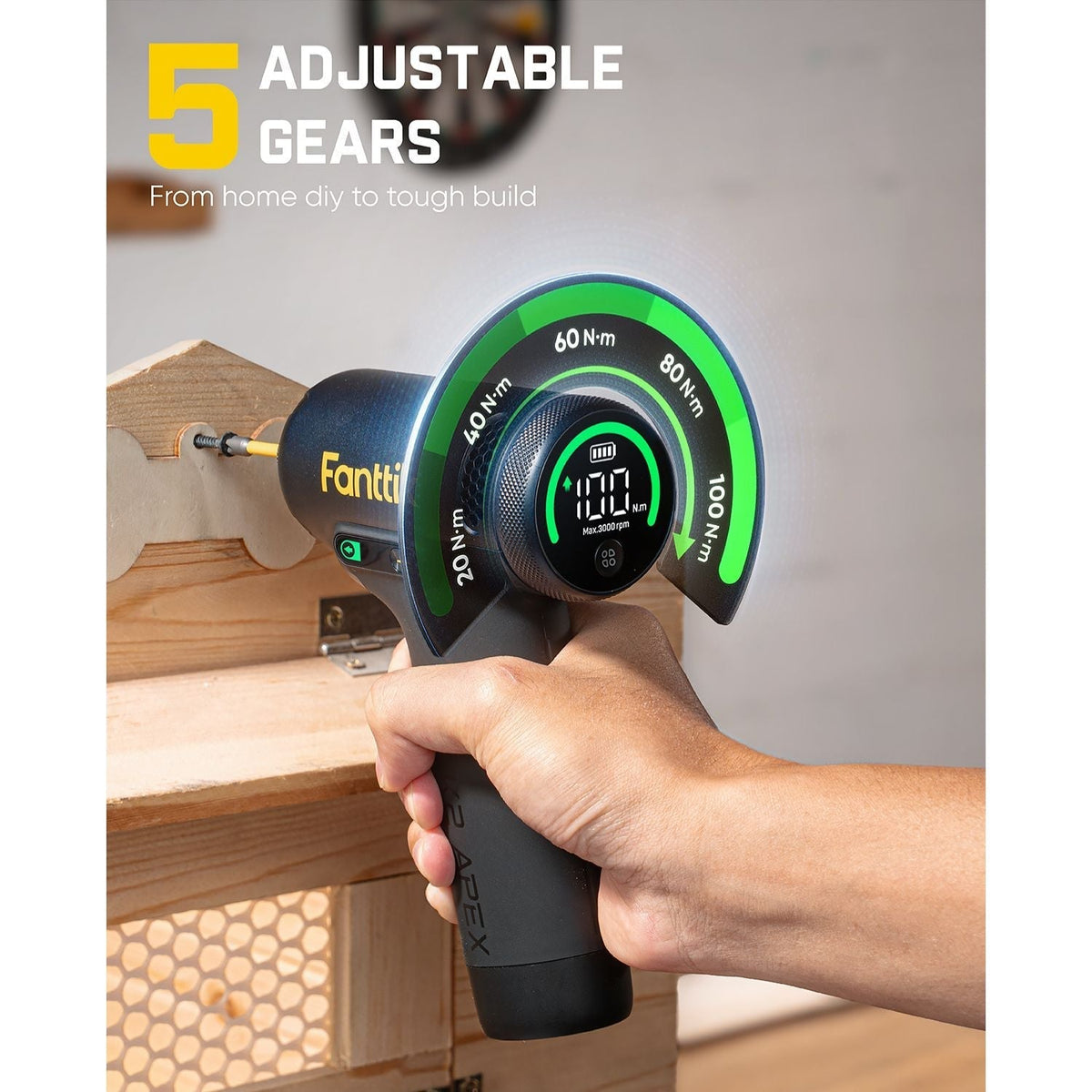 Fanttik REX K2 APEX impact driver with 5 adjustable gears driving a wood screw