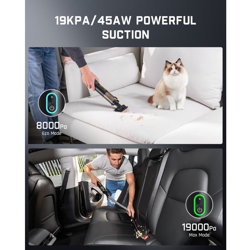 Fanttik V8 Apex vacuum: 8000Pa Eco Mode on couch, 19000Pa Max Mode in car. 19kPa suction power.