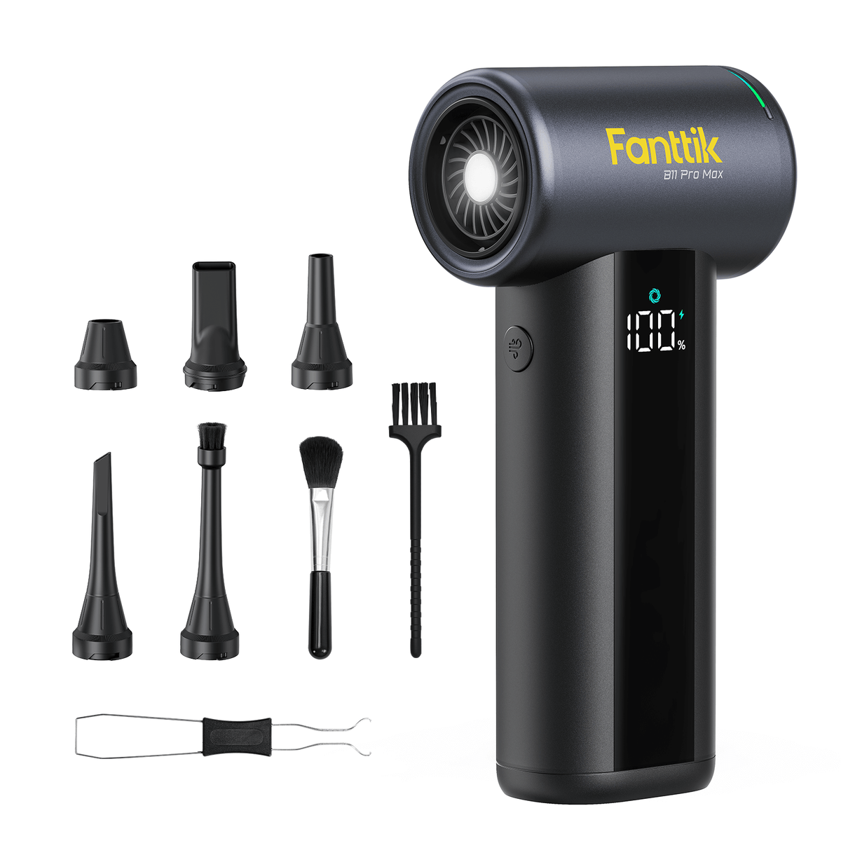 Fanttik B11 Pro Max electric air duster with LCD display and cleaning attachments