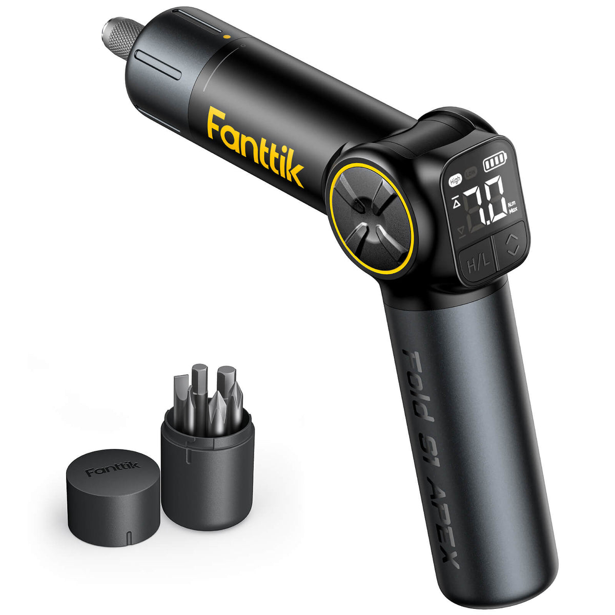 Fanttik Fold S1 APEX cordless screwdriver with digital torque display and included bits.