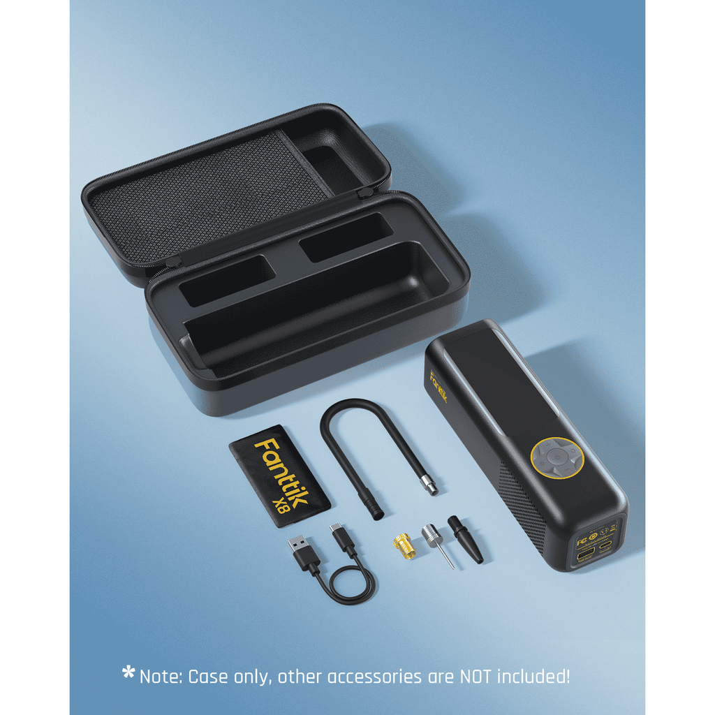 Fanttik X8 APEX tire inflator EVA case open with accessories. Protective storage for inflator, cable, and nozzles.