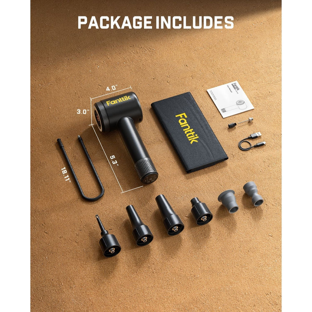 Fanttik X9 Classic tire inflator package contents with nozzles, hose, manual, and charging cable