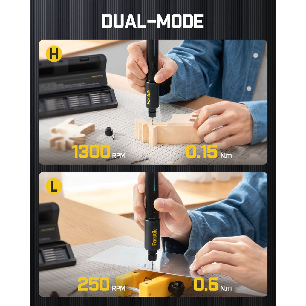 Fanttik K2 Nano precision power drill in dual-mode: 1300 RPM, 0.15 Nm for wood and 250 RPM, 0.6 Nm for metal.