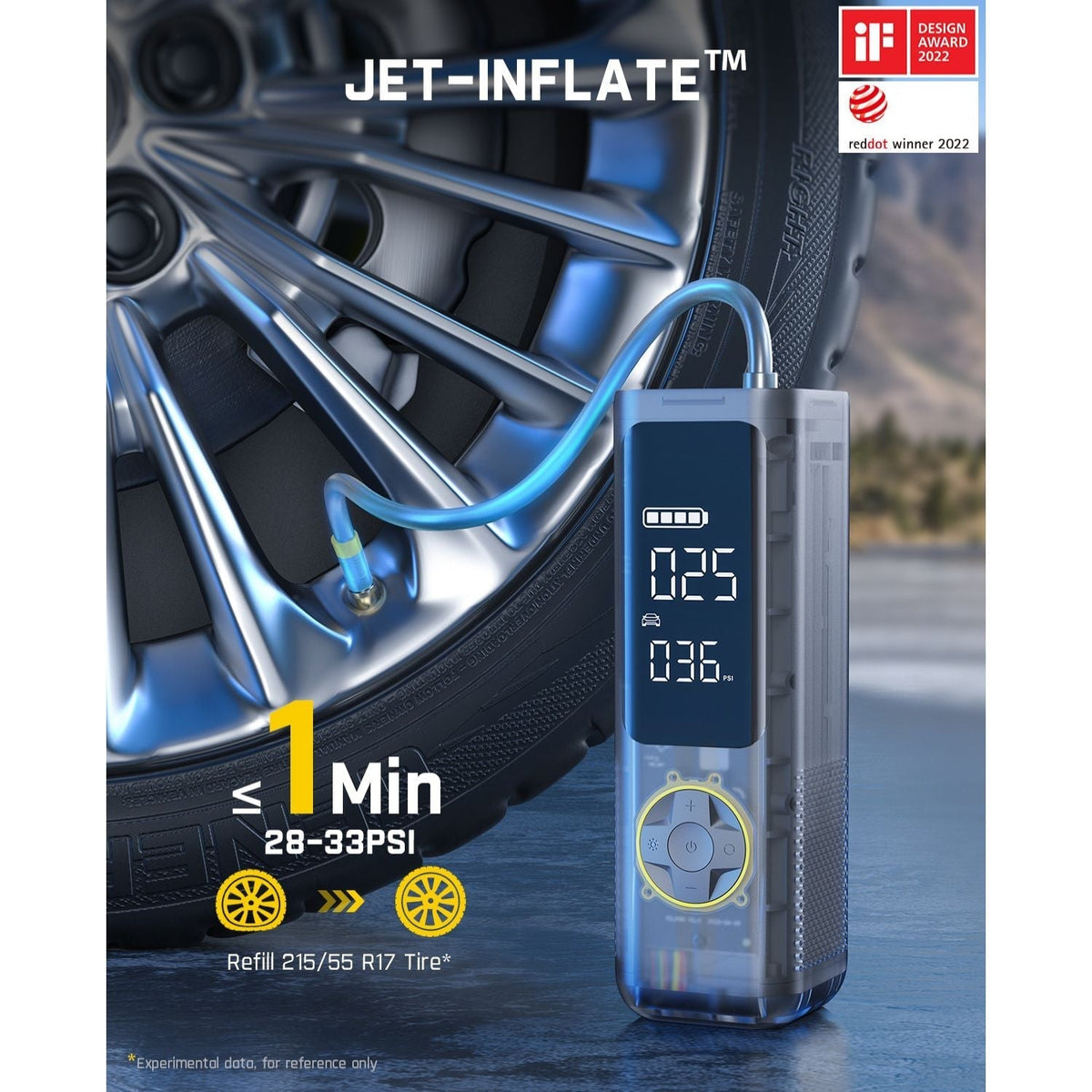 Fanttik X8 APEX tire inflator, mechanical gray. Shows digital PSI reading, < 1 min refill, and design awards. Connects to car tire.