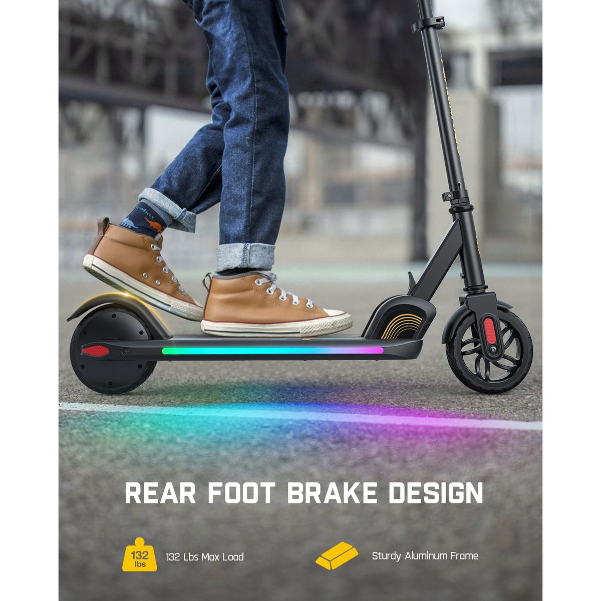 FanttikRide C9 Pro kids scooter with LED lights, rear foot brake, and aluminum frame. Max load 132 lbs.