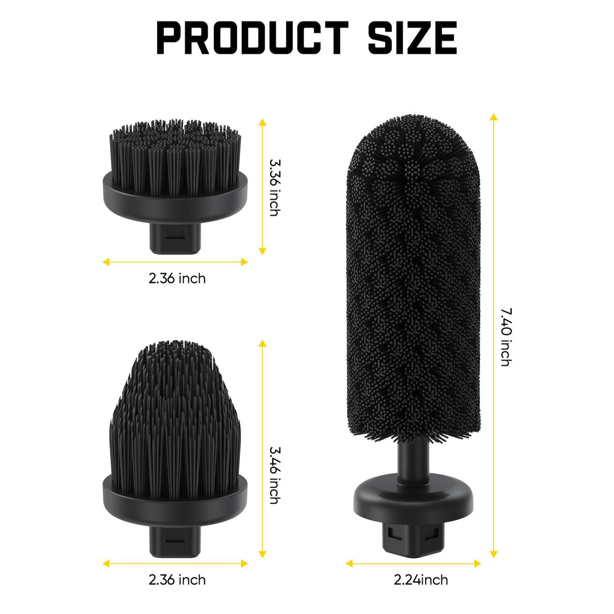 Fanttik replacement brush heads size chart showing three black scrubber heads with dimensions