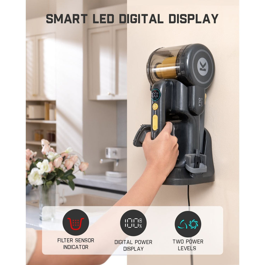 Fanttik V10 Ultra handheld vacuum features smart LED display, filter indicator, digital power display, and two power levels.