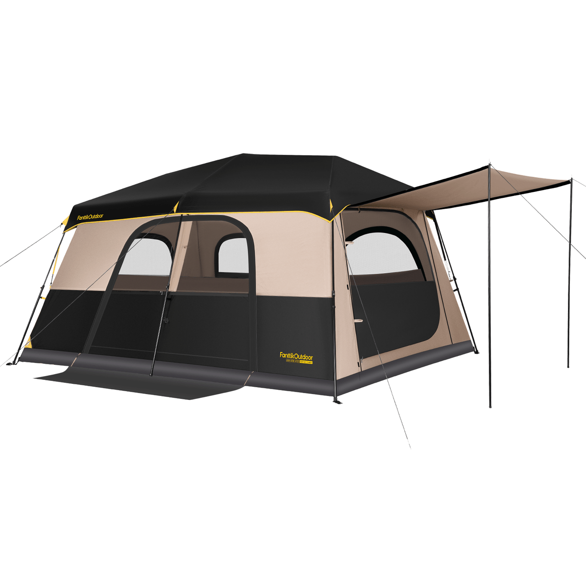 FanttikOutdoor Zeta C8/C10 Apex camping tent with black rainfly, beige walls, and side awning