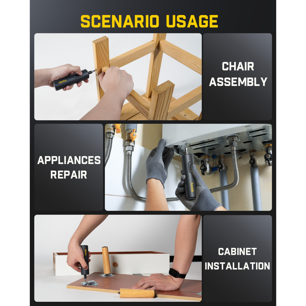 Fanttik S1 Capsule cordless screwdriver used for chair assembly, appliance repair, and cabinet installation.