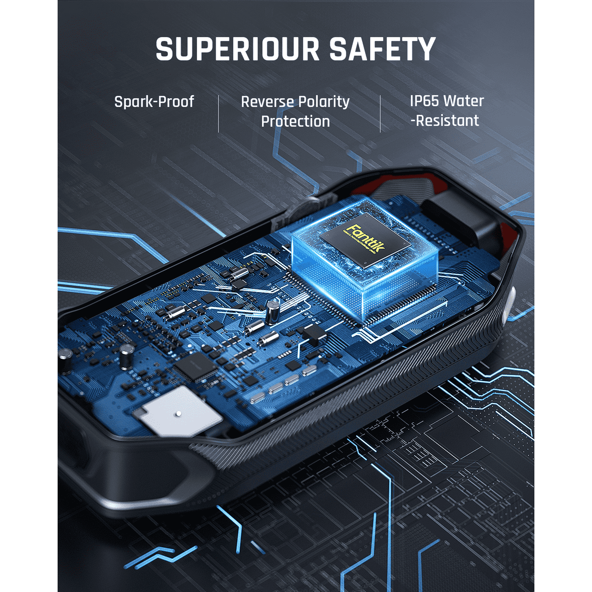 Fanttik T8 jump starter internal circuitry highlighting superior safety features: Spark-Proof, Reverse Polarity Protection, IP65 Water-Resistant.