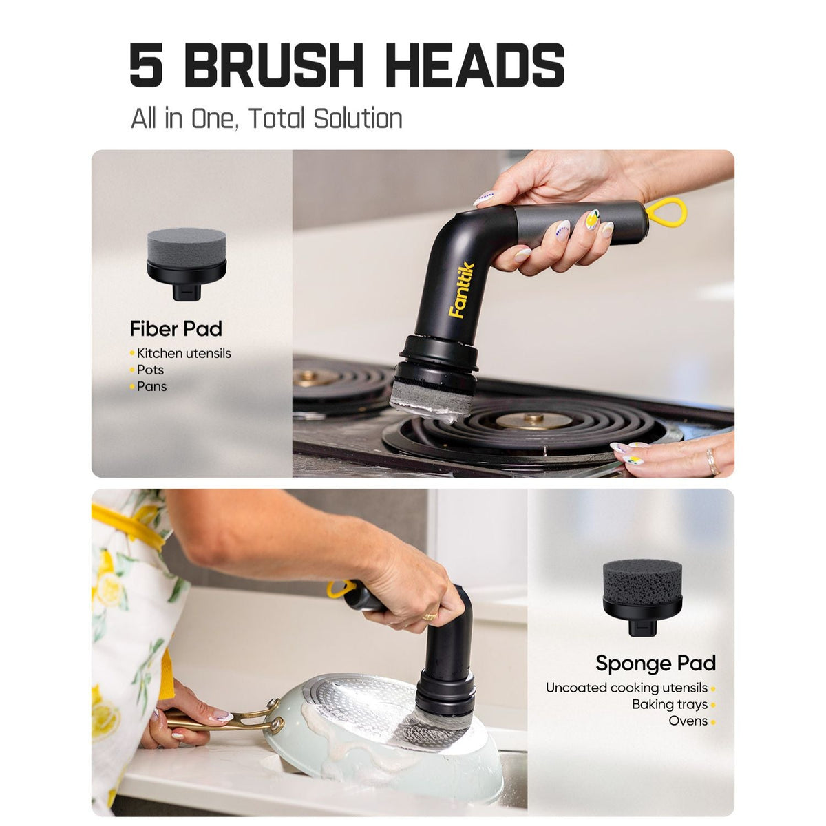 Fanttik G9 scrubber: fiber pad for pots/pans, sponge pad for utensils/baking trays. Dual-speed cleaning.