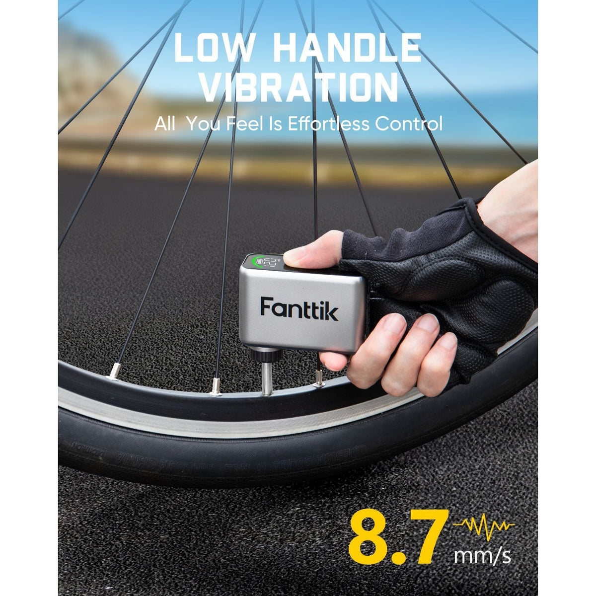 Fanttik X10 Ace tiny bike pump with low handle vibration and 8.7 mm/s reading